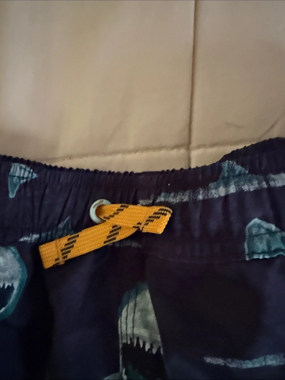 L.L. Bean Navy Blue Kids Swim Trunks with Teal Shark Print